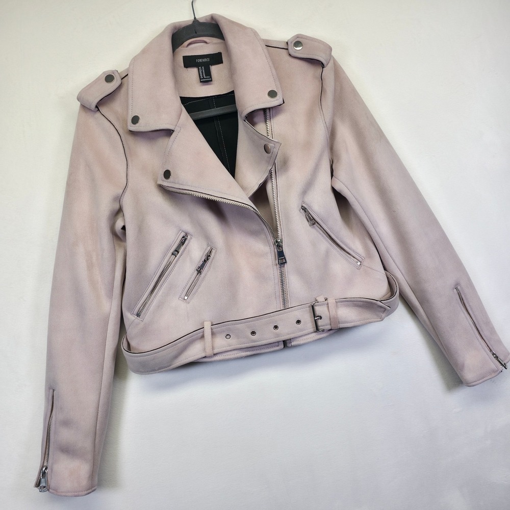Pink Moto Jacket Womens M Belted Faux Suede Biker Y2K Coastal Soft Glam‎ Crop